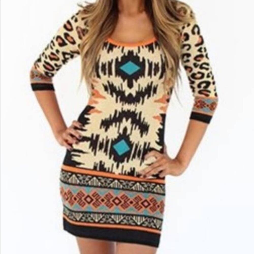 Flying Tomato Aztec leopard sweater dress small orange blaclk bodycon